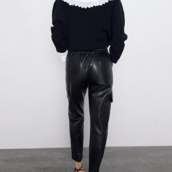 Black Zara Faux Leather Elastic Drawstring Waist Cargo Jogger Pants (NWT) - Picture 5 of 6